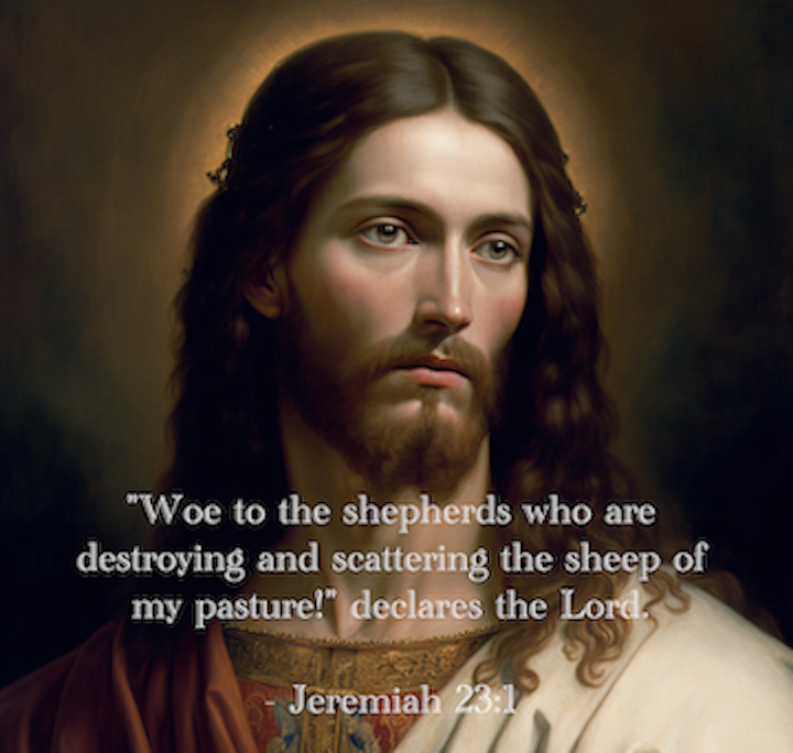 color illustration of Jesus, with a light behind his head. text reads: "Woe to the shepherds who are destroying and scattering the sheep of my pasture!" declares the Lord. - Jeremiah 23:1